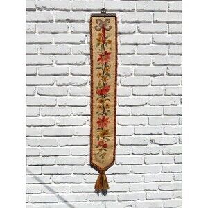 Vintage Crewel Embroidered Wall Hanging Floral Brass Boho Textile Handmade 48"